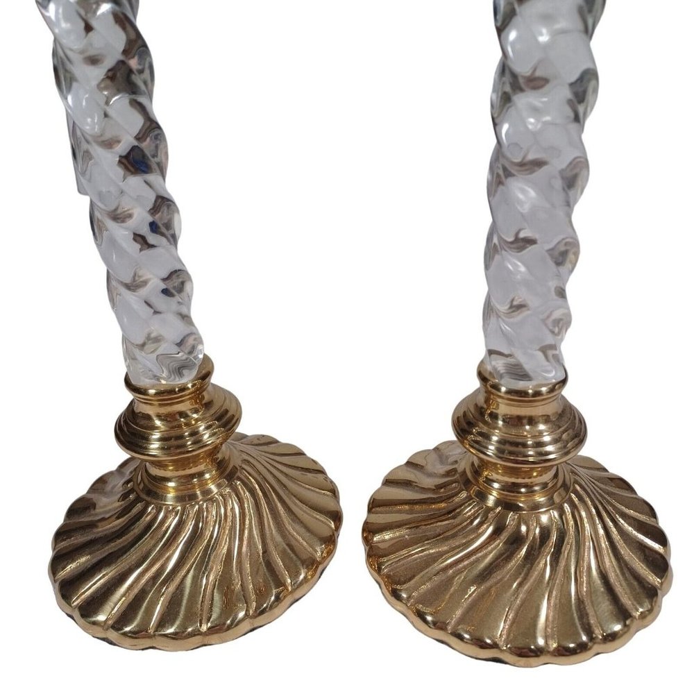 Hollywood Regency Brass Clear Lucite Spiral Twist 13" Candlestick Candle Holders - Picture 4 of 4